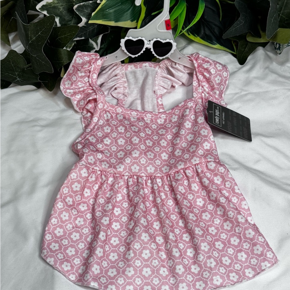 Pink Floral Puppy Dress with Heart Sunglasses